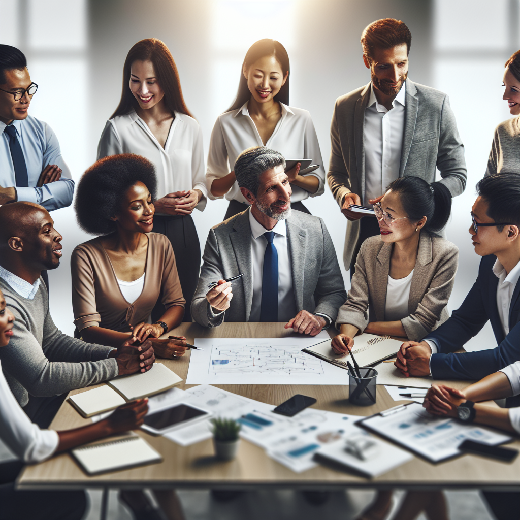 A diverse group of professionals engaged in a leadership workshop, showcasing teamwork and collaboration