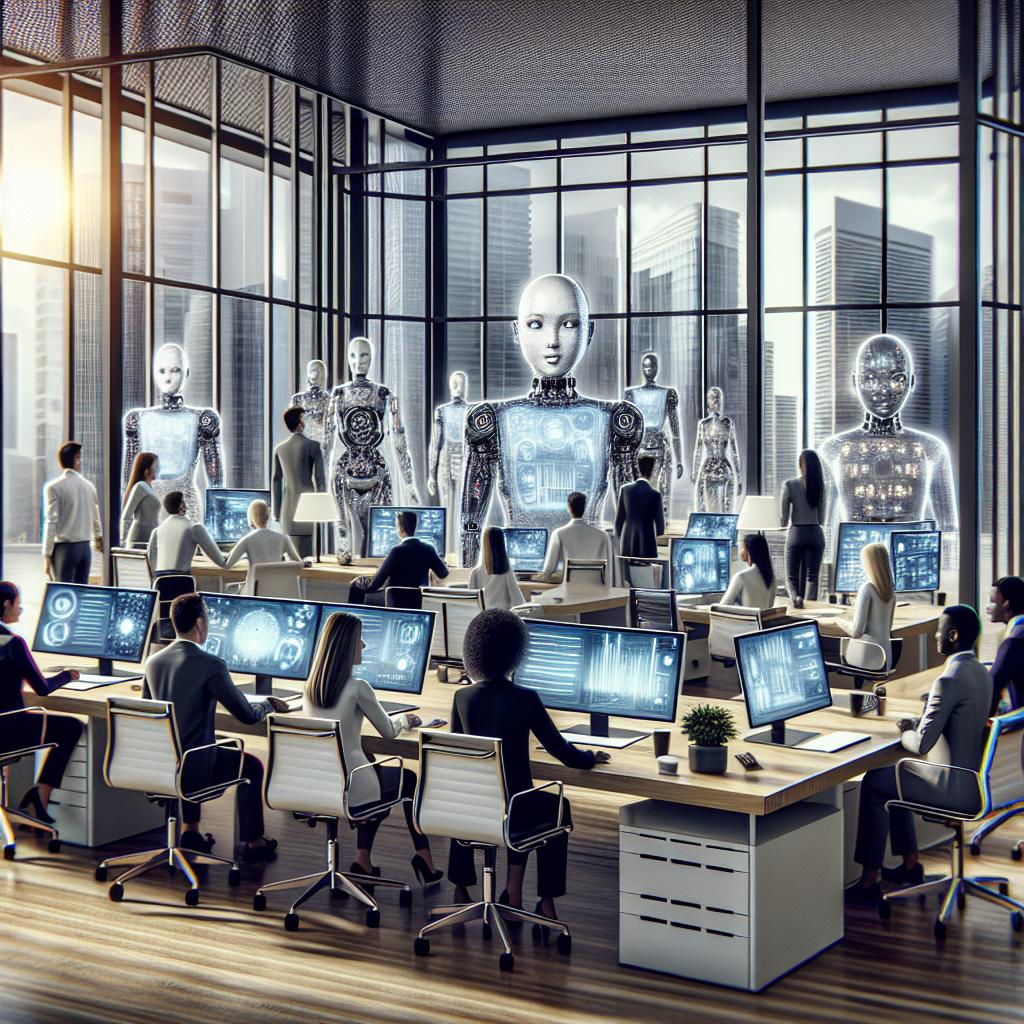 A futuristic office setting where executives engage with AI technology during a leadership training session