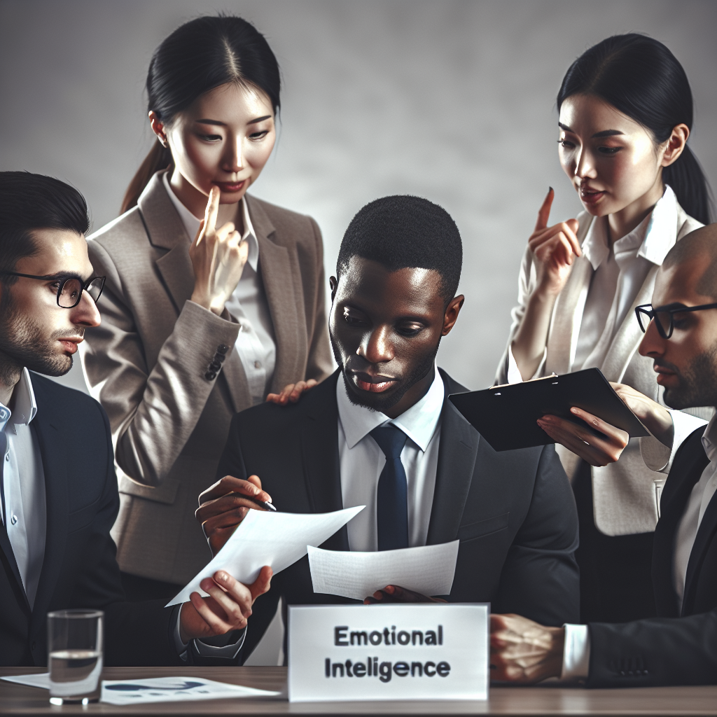 A diverse group of business professionals engaged in an interactive leadership workshop focusing on emotional intelligence