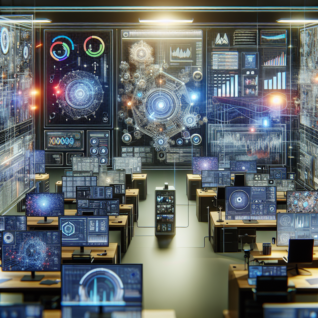 A futuristic digital workspace showcasing various AI tools and analytics dashboards used for content marketing