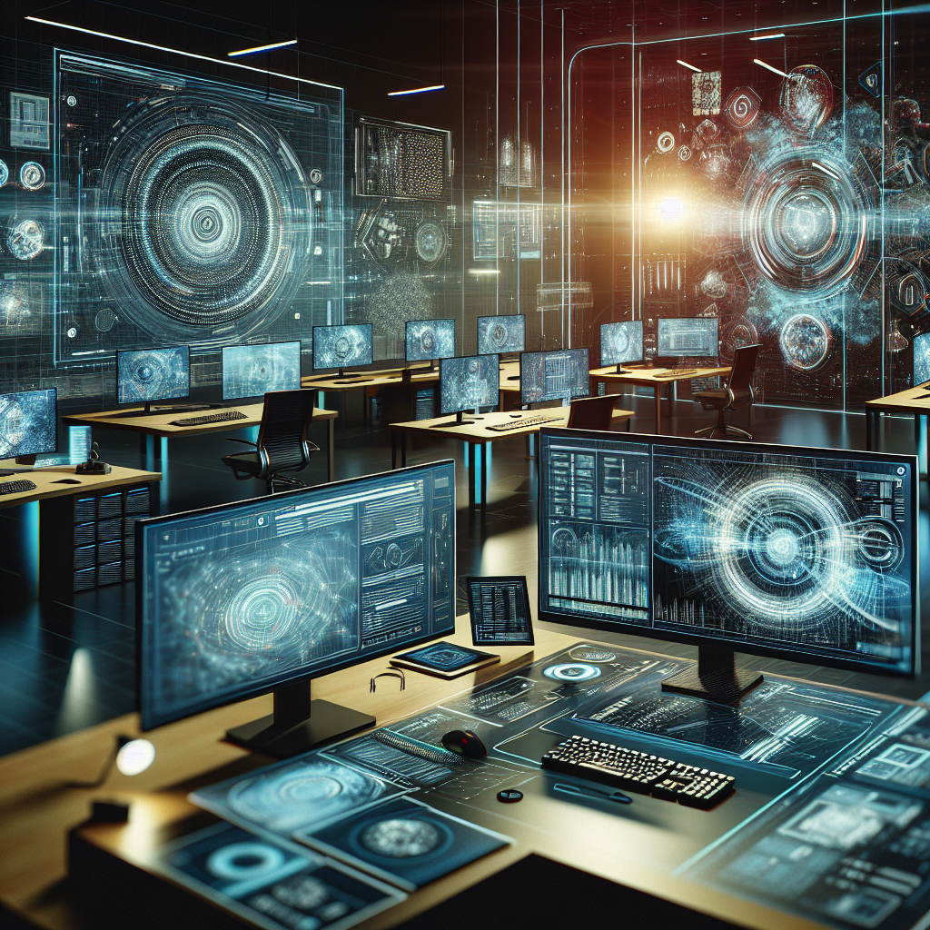 A futuristic workspace with AI tools analyzing data for content creation