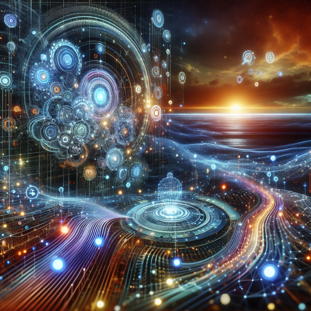 A futuristic digital marketing landscape showcasing AI tools optimizing content for engagement