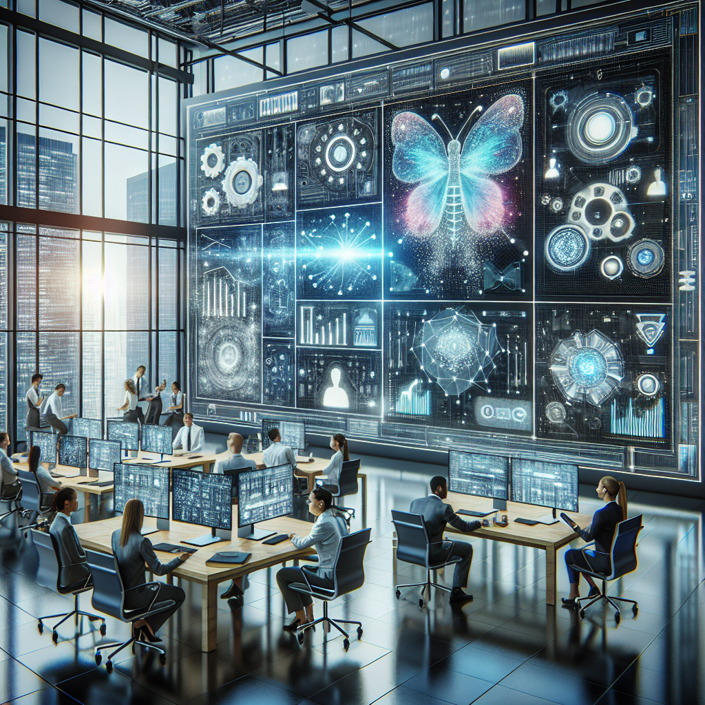 A modern office environment showcasing teams collaborating with advanced technology like AI and cloud systems