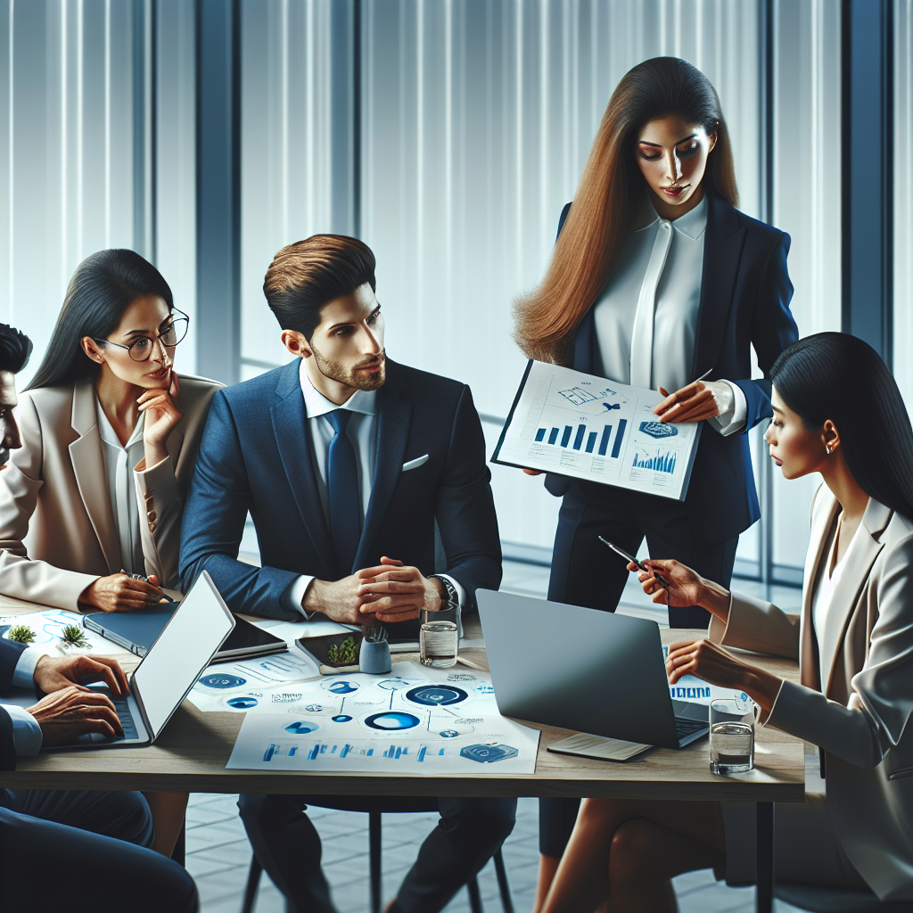 A diverse team of business consultants collaborating over digital transformation strategies with laptops and charts