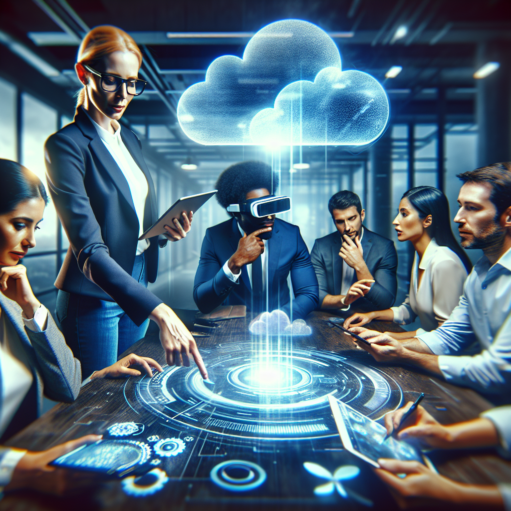 A dynamic office environment showcasing employees collaborating over cloud technology solutions