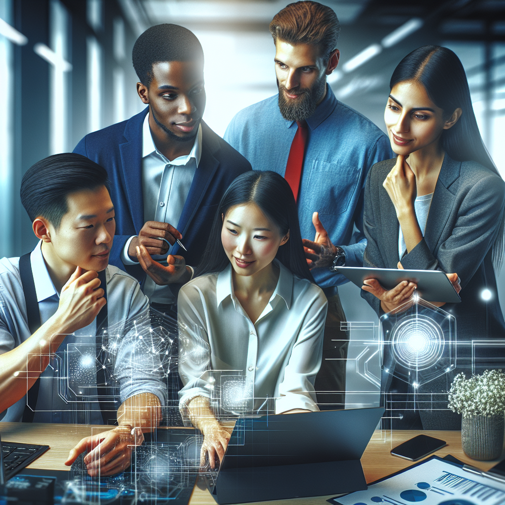 A diverse team collaborating on a digital transformation project with technology tools around them