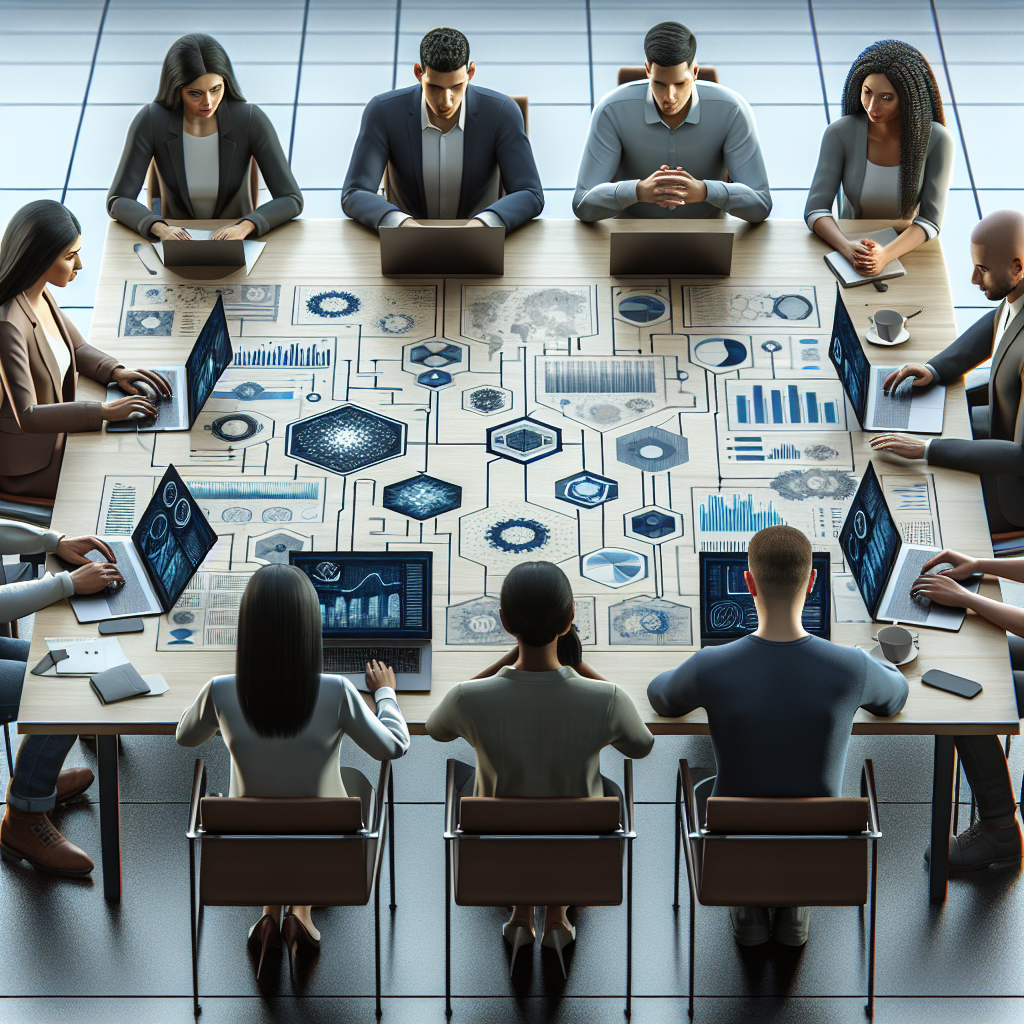 A diverse team discussing artificial intelligence strategies around a table with laptops and charts