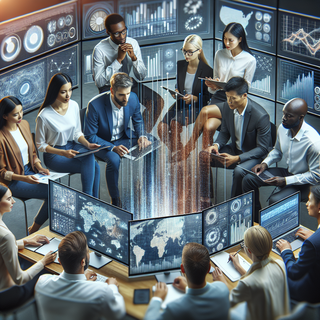 A diverse team of professionals collaborating on an AI project, showcasing charts and data analytics on screens