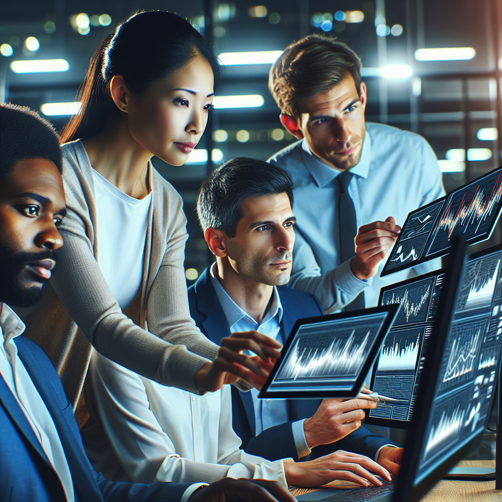 A team of diverse professionals analyzing complex data charts on screens, showcasing collaboration in AI strategy development