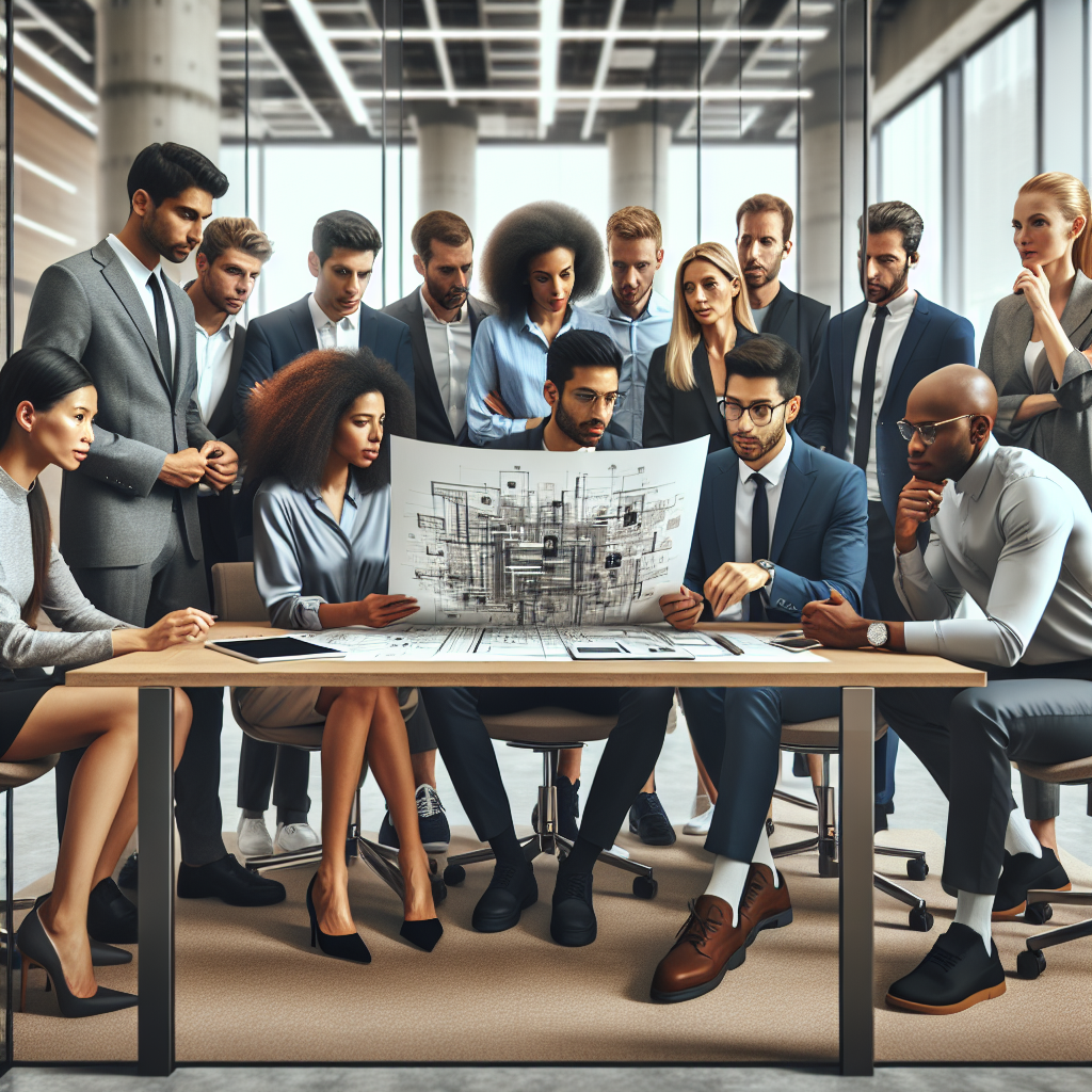 A business team collaborating on a digital transformation project involving AI technology