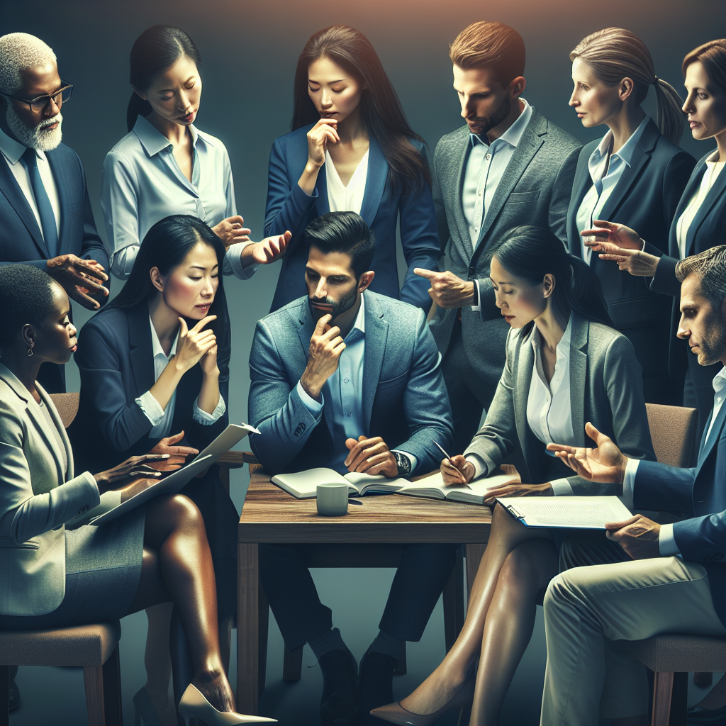 A diverse group of professionals engaged in a dynamic leadership coaching session, showcasing collaboration and communication