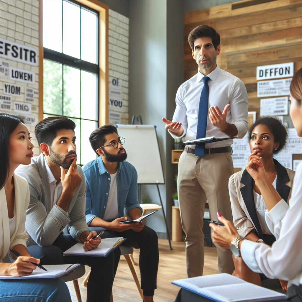 A dynamic leadership coach engaging with a diverse group in a workshop setting, showcasing motivational techniques and goal-setting strategies