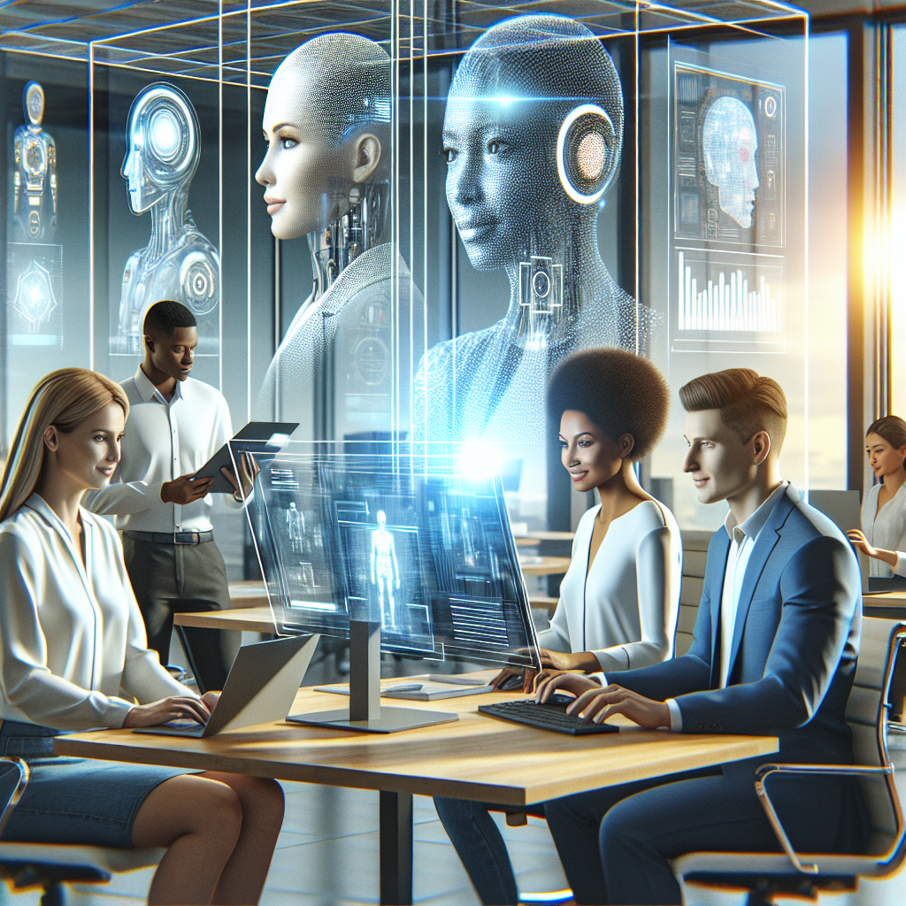A futuristic office environment showcasing AI integration in business operations with diverse professionals collaborating over digital interfaces.