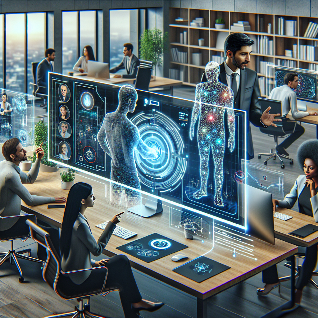 A futuristic office environment showcasing diverse teams collaborating over AI-driven analytics tools