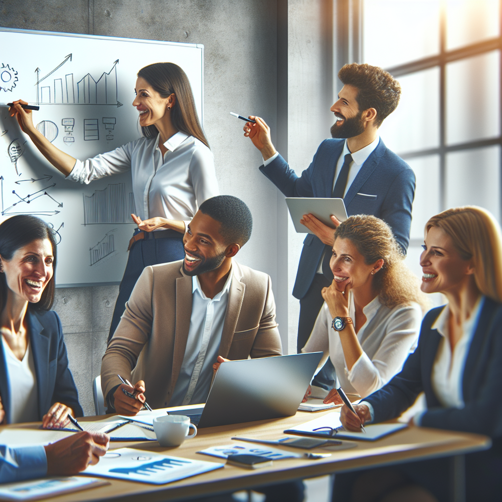 A dynamic corporate training session showcasing diverse leaders engaged in interactive coaching activities
