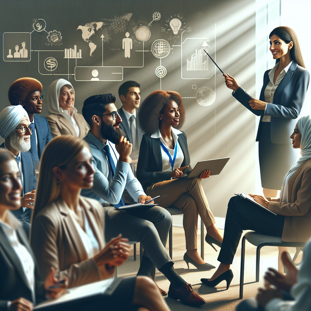 A diverse group of business professionals engaged in a collaborative training session focused on leadership and coaching techniques