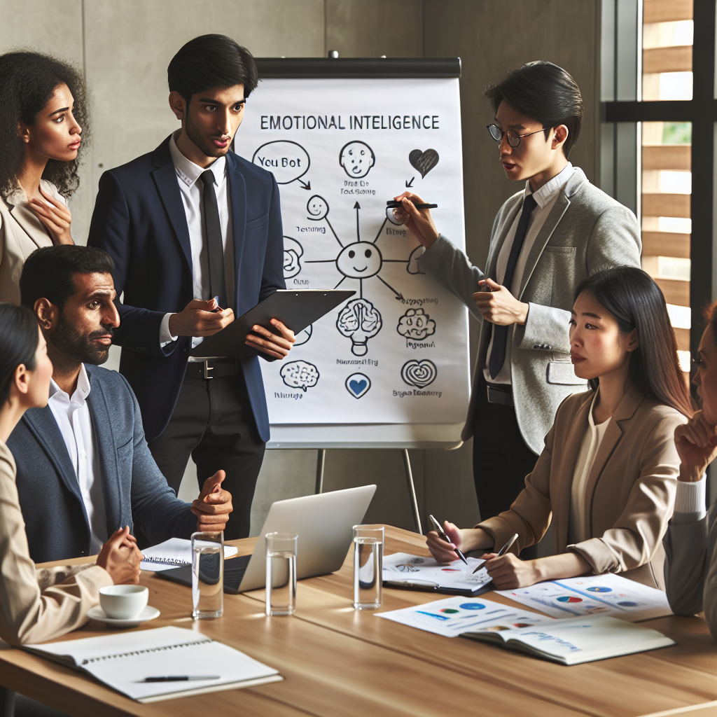 A diverse group of business leaders engaged in an interactive workshop focused on emotional intelligence training