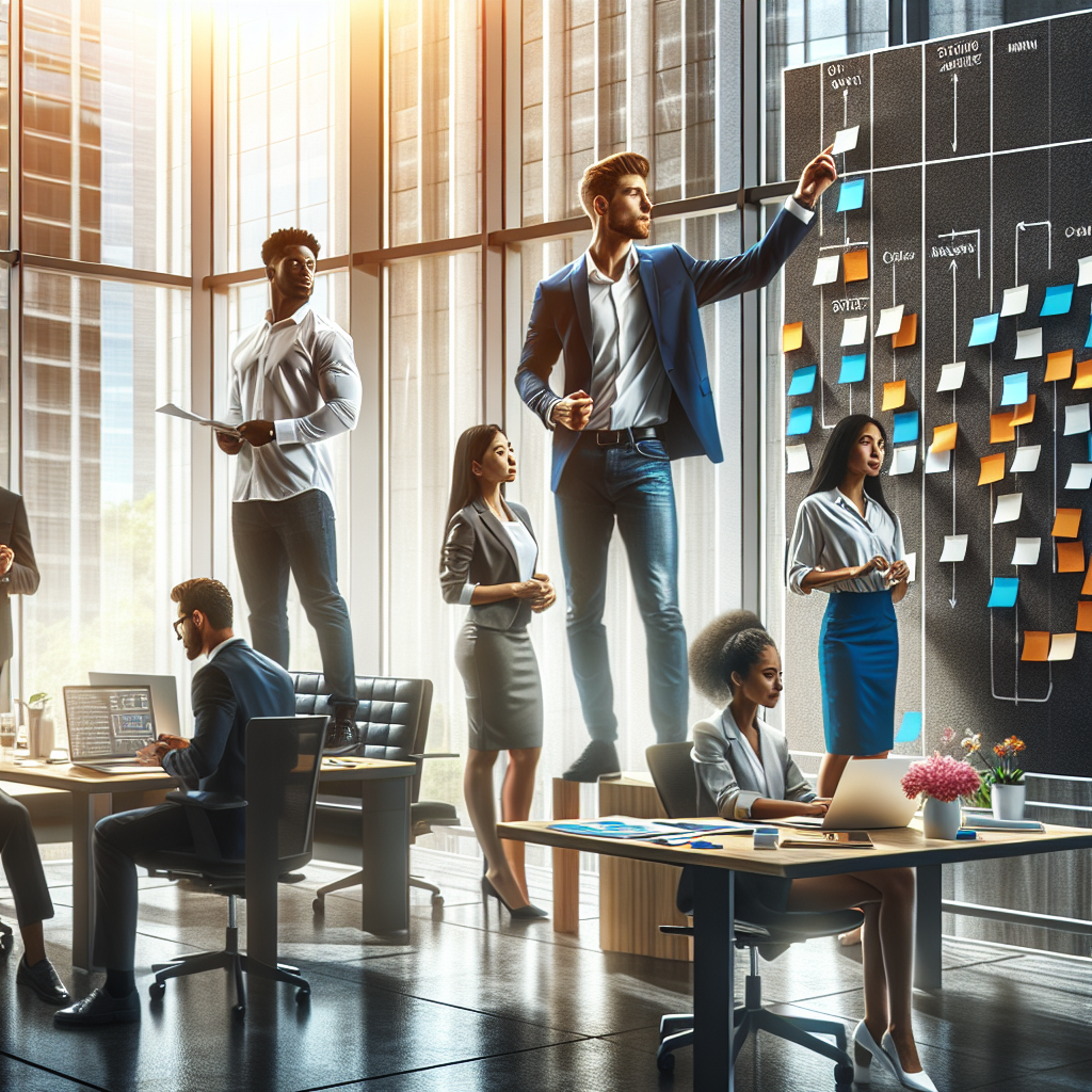 A dynamic office environment showcasing teamwork and collaboration with agile methodologies in action