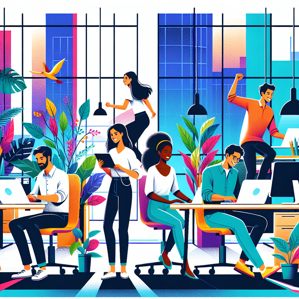 A vibrant illustration showing a diverse team collaborating dynamically in a modern office environment, emphasizing agility and flexibility