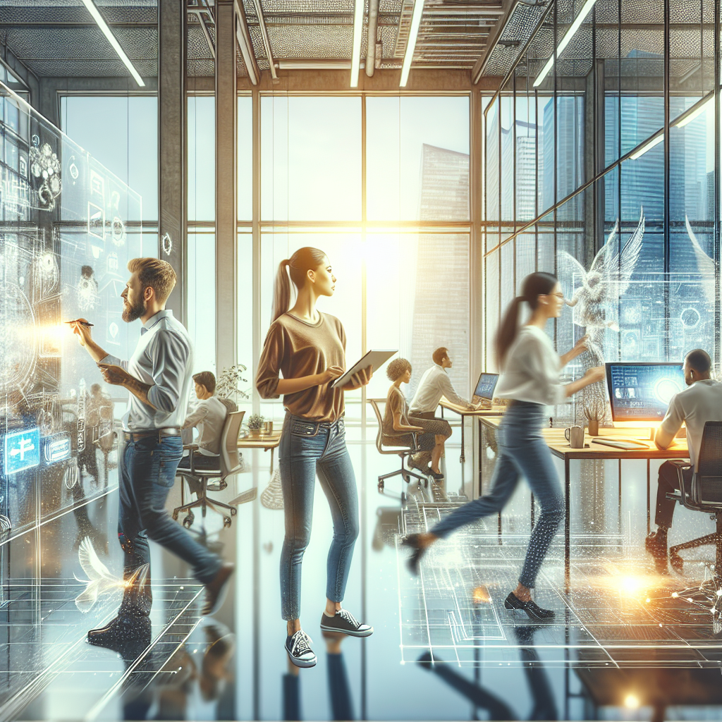 A dynamic team collaborating in an open office space with agile boards and digital tools