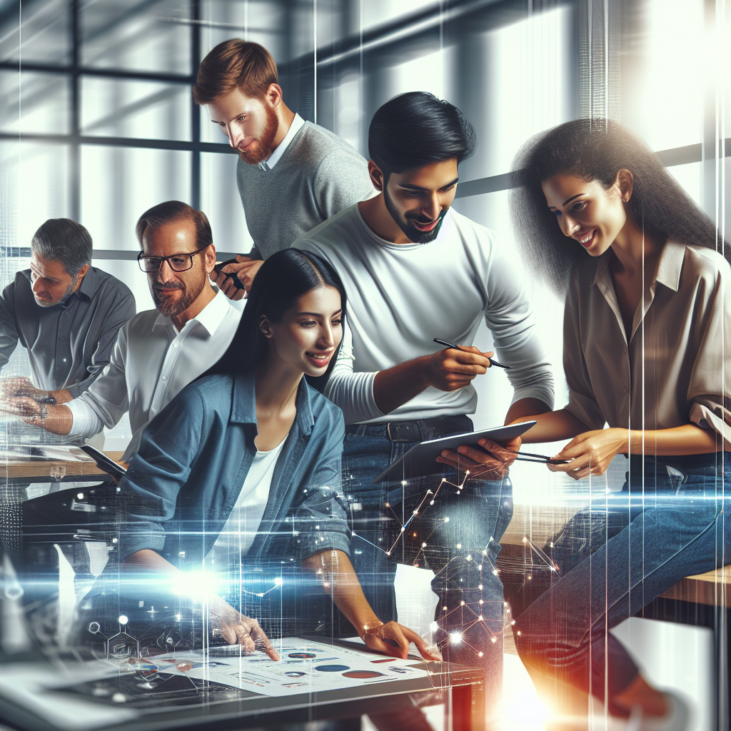 A diverse team collaborating in a modern office setting while using digital tools for project management