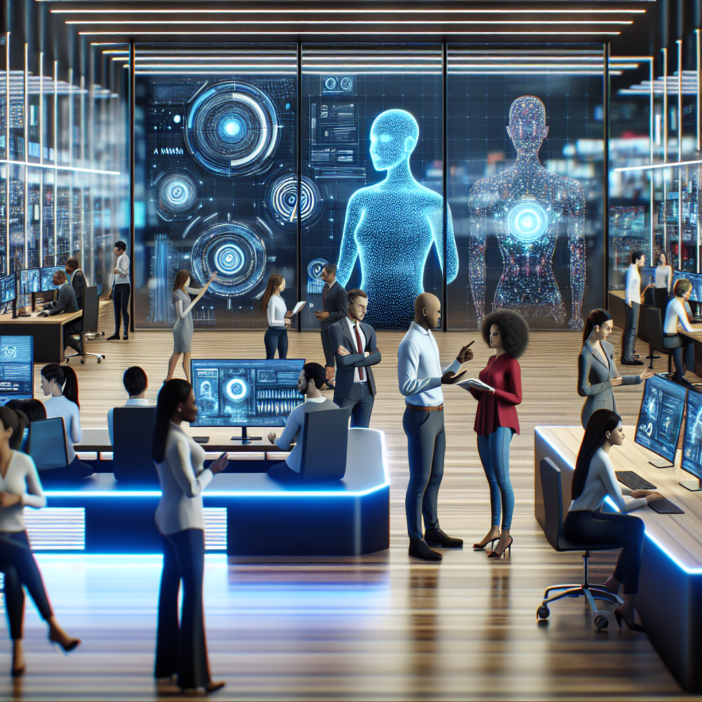 A futuristic office environment showcasing artificial intelligence technologies in action, with diverse teams collaborating around digital interfaces