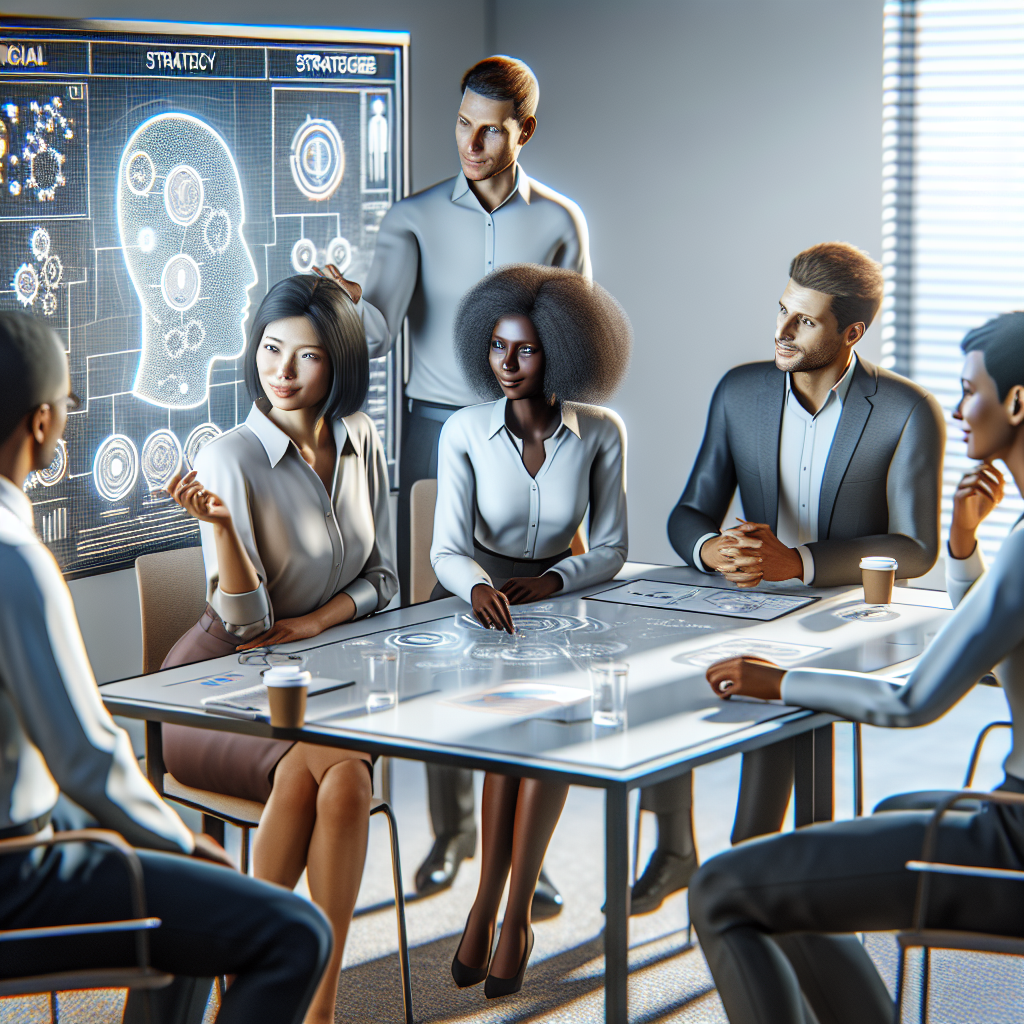 A strategic meeting with diverse professionals discussing artificial intelligence strategies on a digital whiteboard
