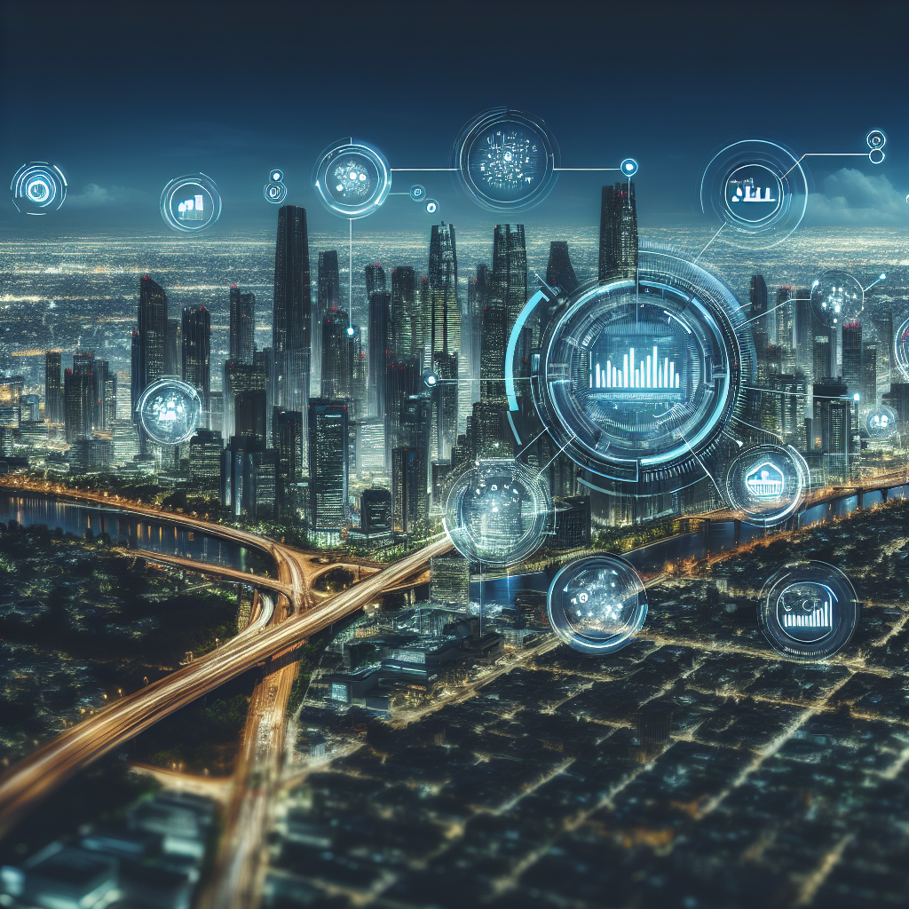 A futuristic city skyline with digital interfaces representing artificial intelligence, showcasing strategic planning elements like timelines and budgets