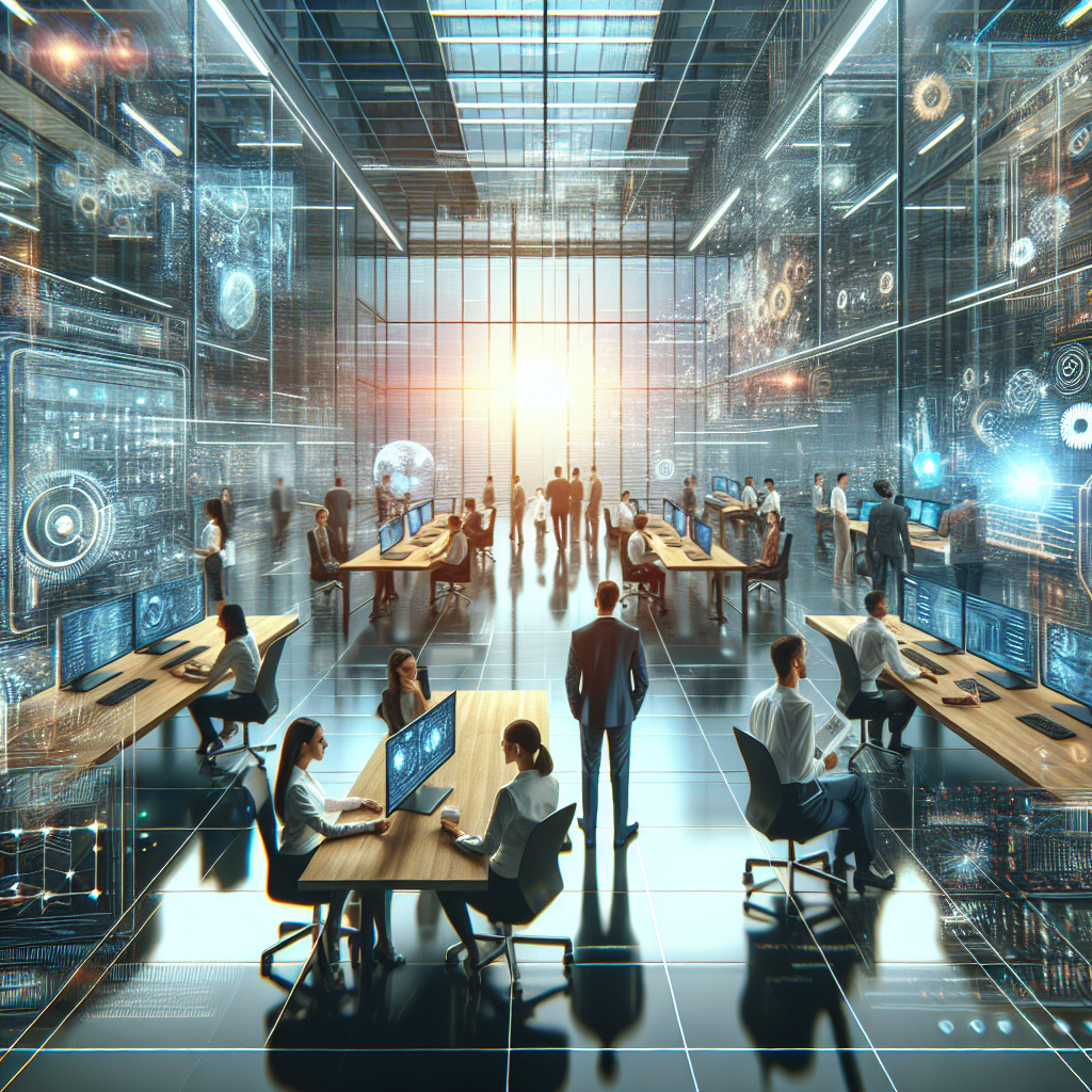 A futuristic office environment showcasing diverse teams collaborating on artificial intelligence projects with digital interfaces and data visualizations