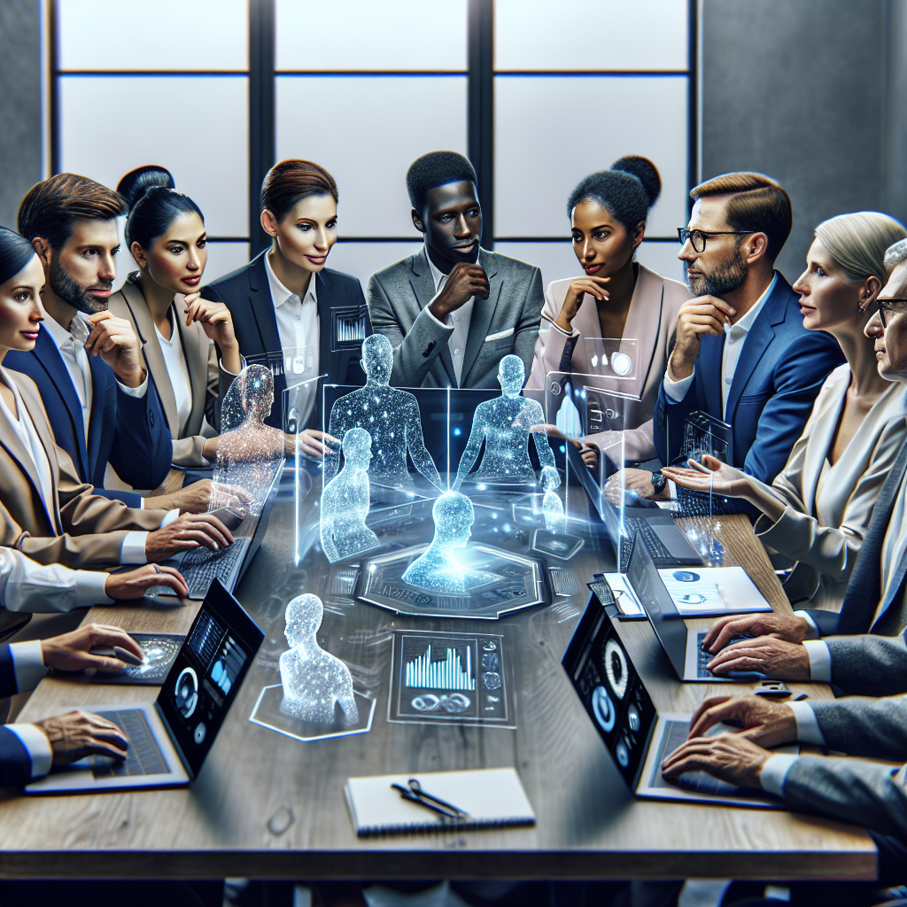 A diverse group of leaders engaging in a dynamic coaching session using AI tools