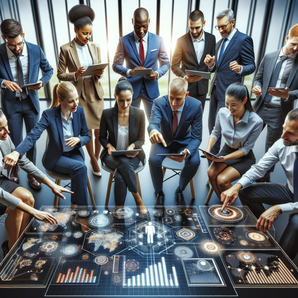 A diverse group of business professionals engaged in a lively leadership coaching session with modern technology around them
