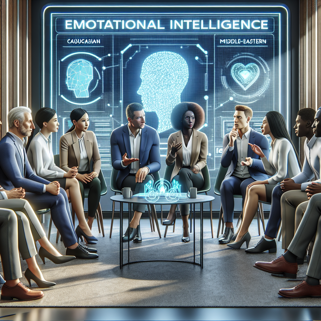 A diverse group of leaders engaging in a coaching session about emotional intelligence and adaptive leadership techniques with futuristic AI elements