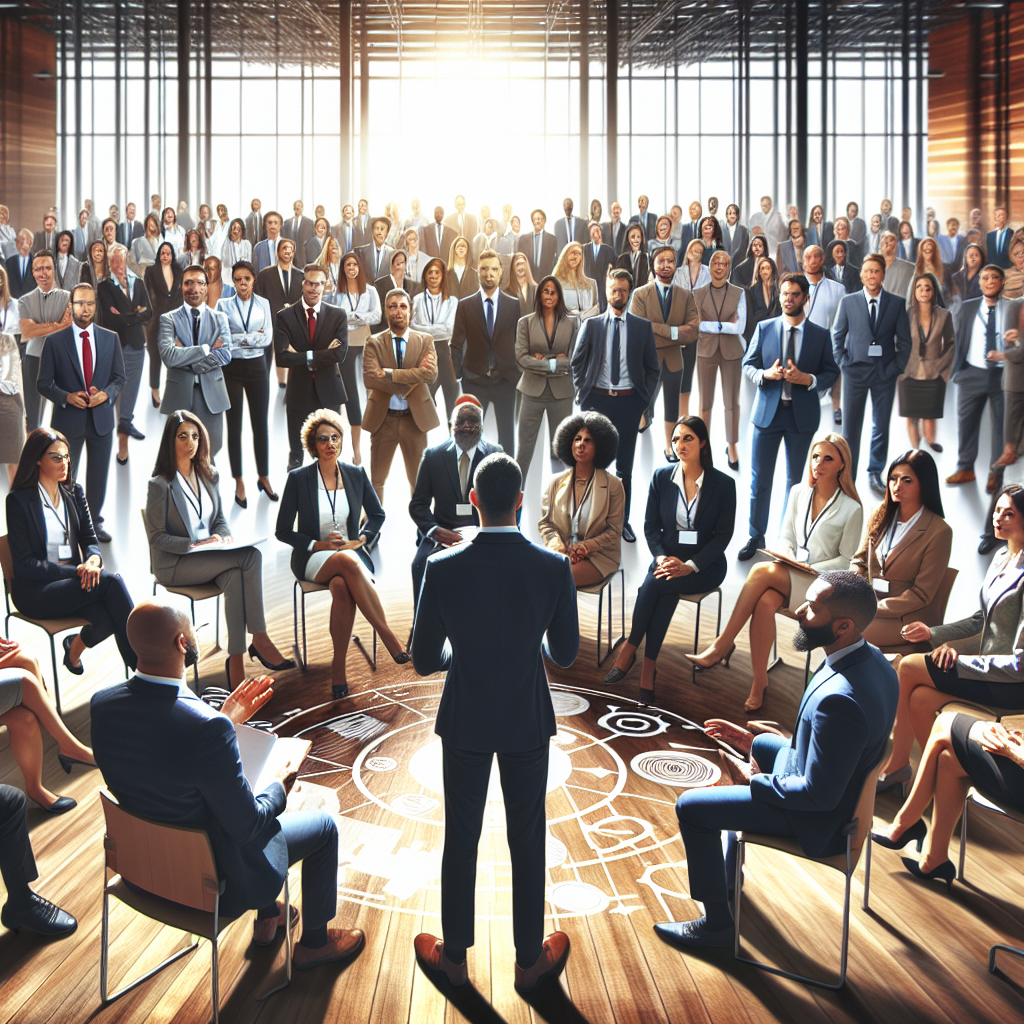 A diverse group of executives engaged in a dynamic leadership workshop, showcasing collaboration and innovation