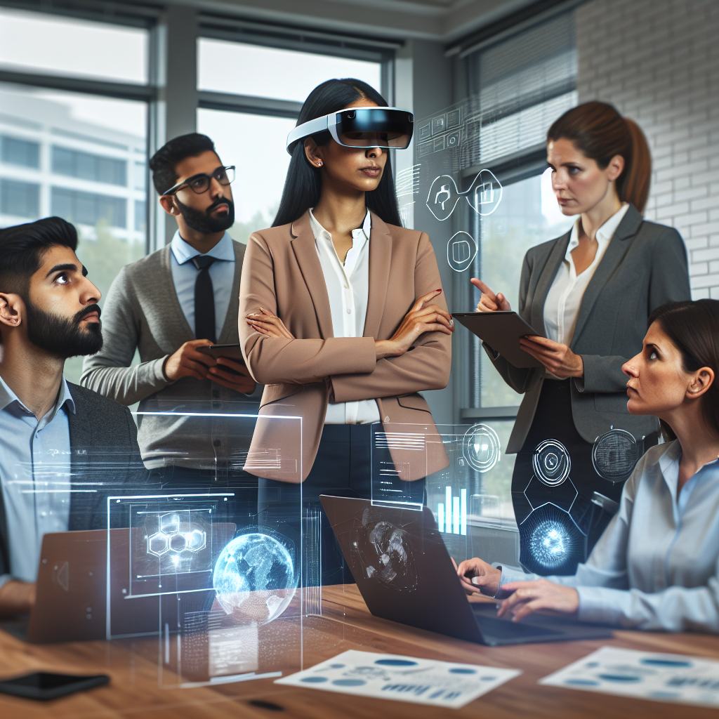 A modern office environment showcasing diverse teams collaborating on digital transformation strategies with technology tools