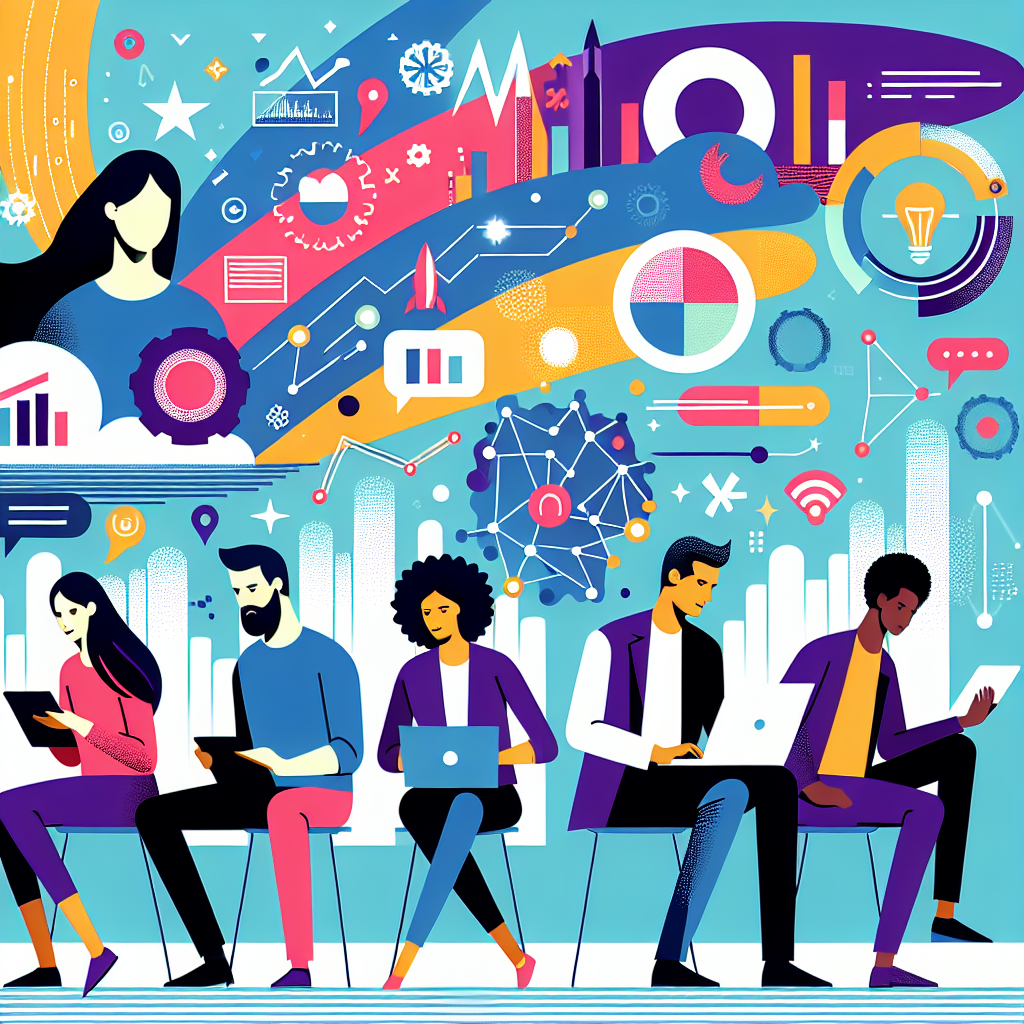 A vibrant illustration showing a diverse team collaborating over digital devices with graphs and charts in the background symbolizing growth and innovation