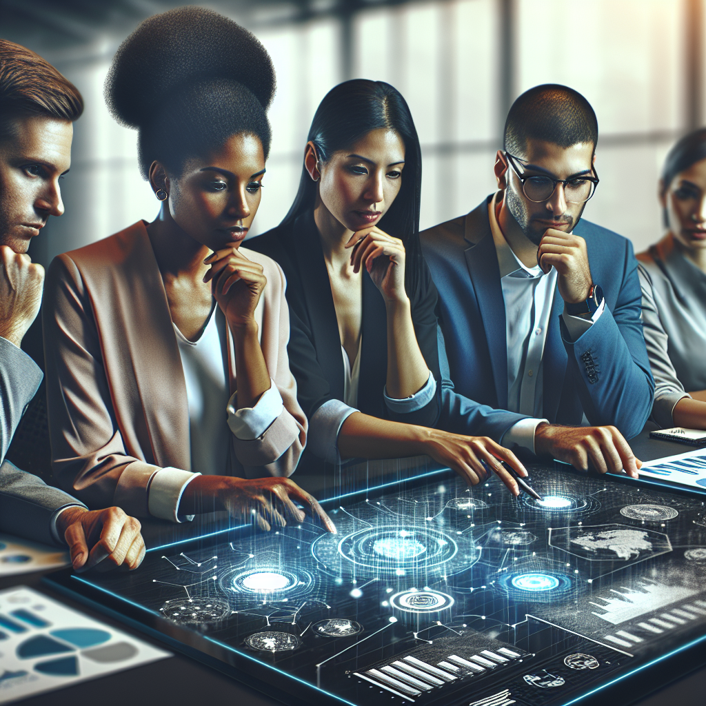 A team of diverse business professionals collaborating on a digital transformation strategy board with charts and technology visuals