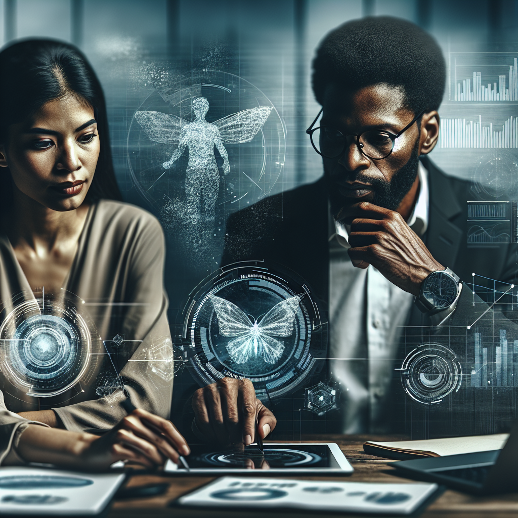 A diverse team collaborating on a digital transformation strategy, with charts and technology elements in the background