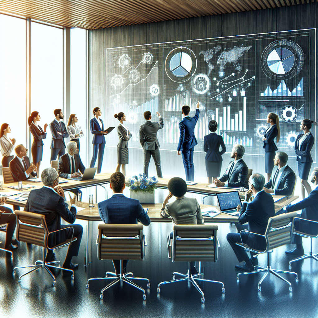 A dynamic business meeting showcasing diverse leaders engaged in strategic coaching sessions, with charts and graphs visible