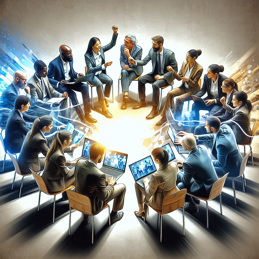 A diverse group of business leaders engaged in a dynamic coaching session with digital tools