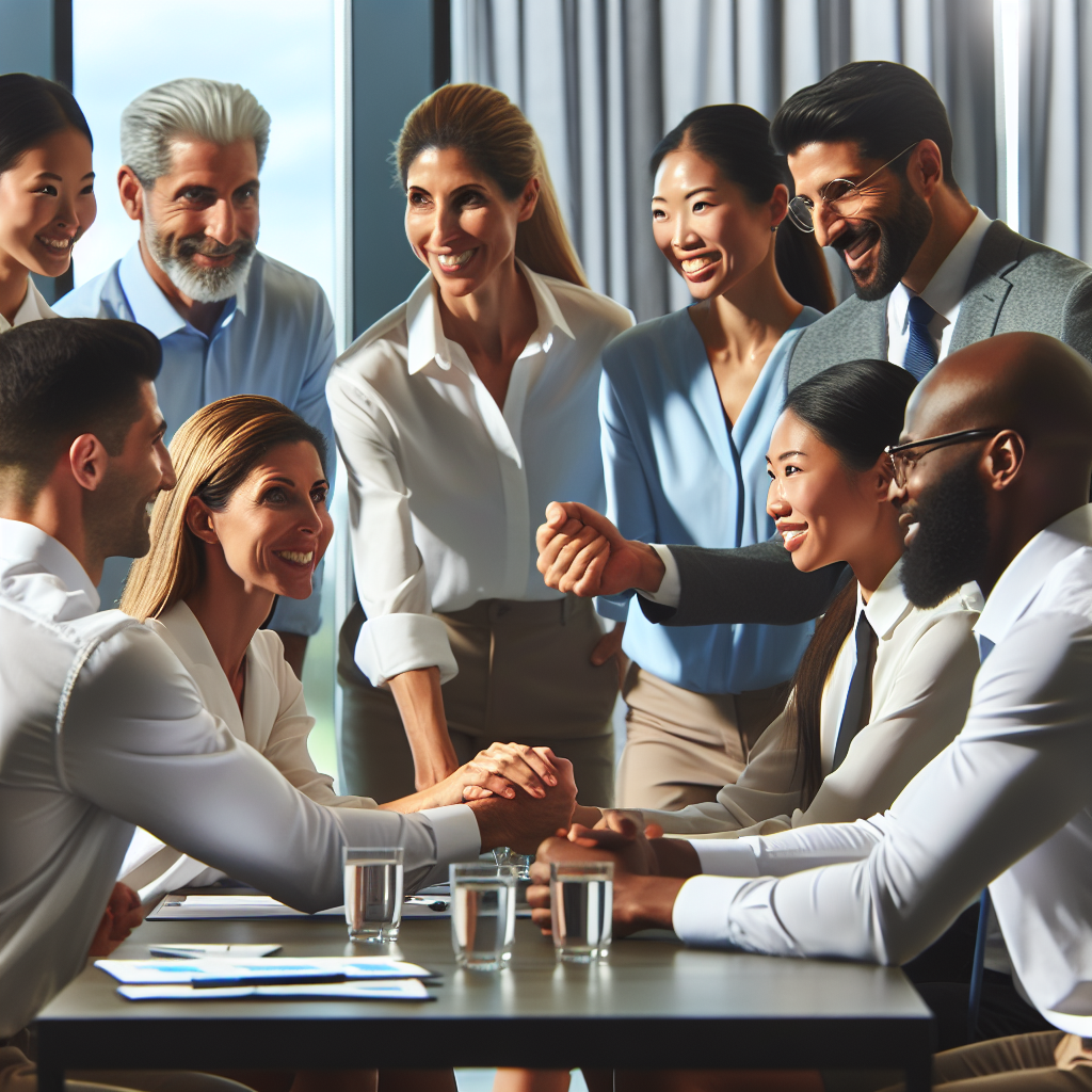 A group of diverse professionals engaged in a leadership coaching session, showcasing teamwork and collaboration