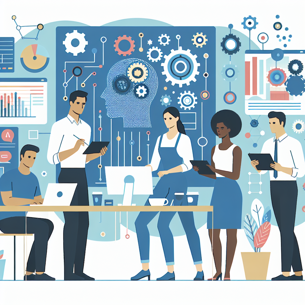 A vibrant illustration showing a diverse team collaborating over an AI implementation blueprint with digital tools and charts