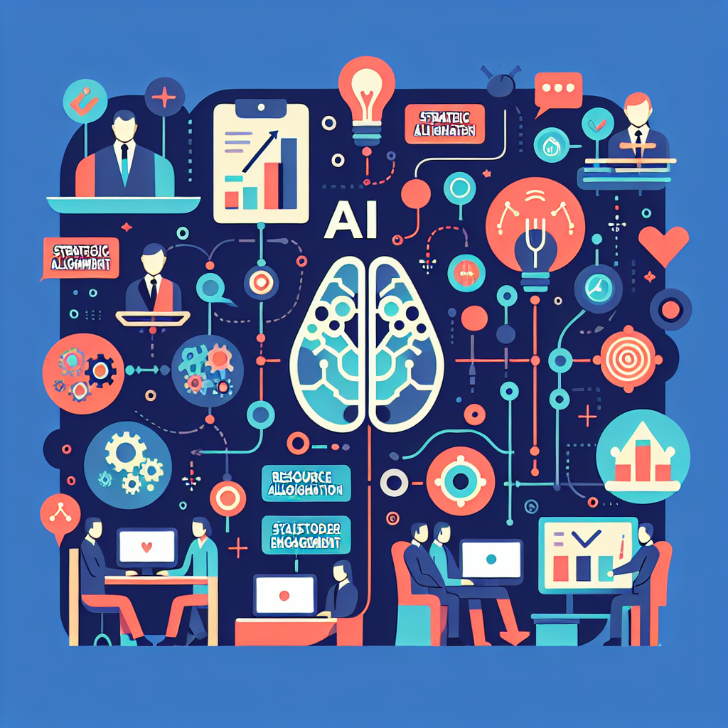 A vibrant illustration showing various components of an AI deployment plan like strategy alignment, resource allocation, and stakeholder engagement in a creative infographic style.