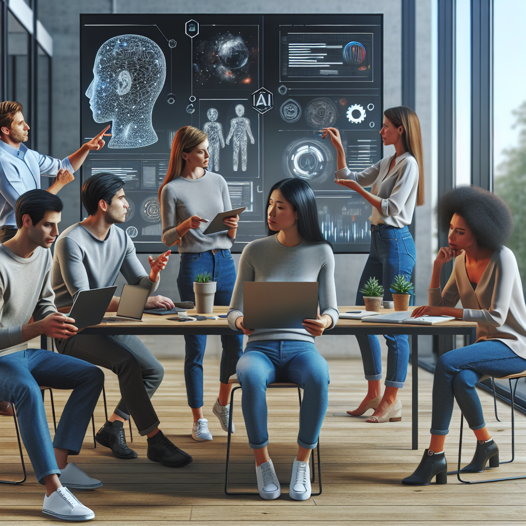 A diverse team collaborating on an AI project in a modern office setting