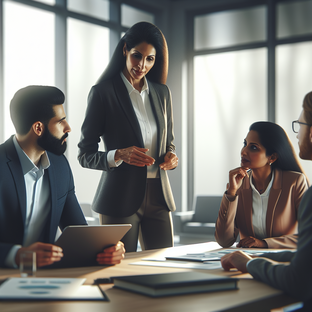 A professional executive coach guiding a diverse group of executives in a modern office setting
