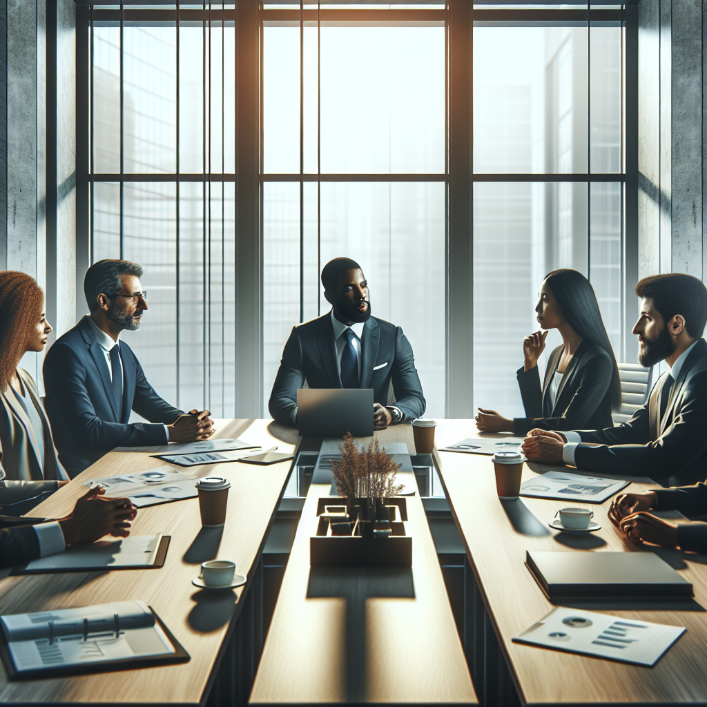 A professional C-suite coach engaging with executives in a modern office setting