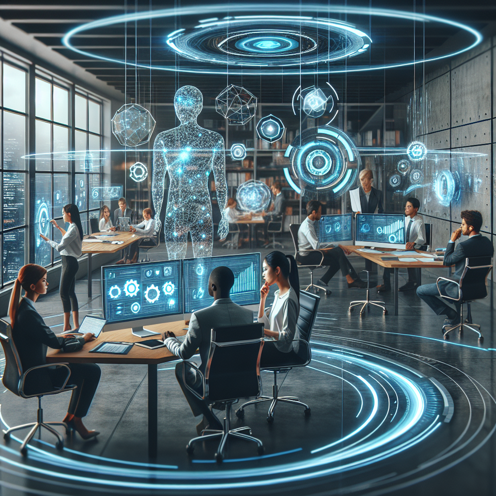 A futuristic office environment showcasing AI technologies in action with diverse teams collaborating over data analytics