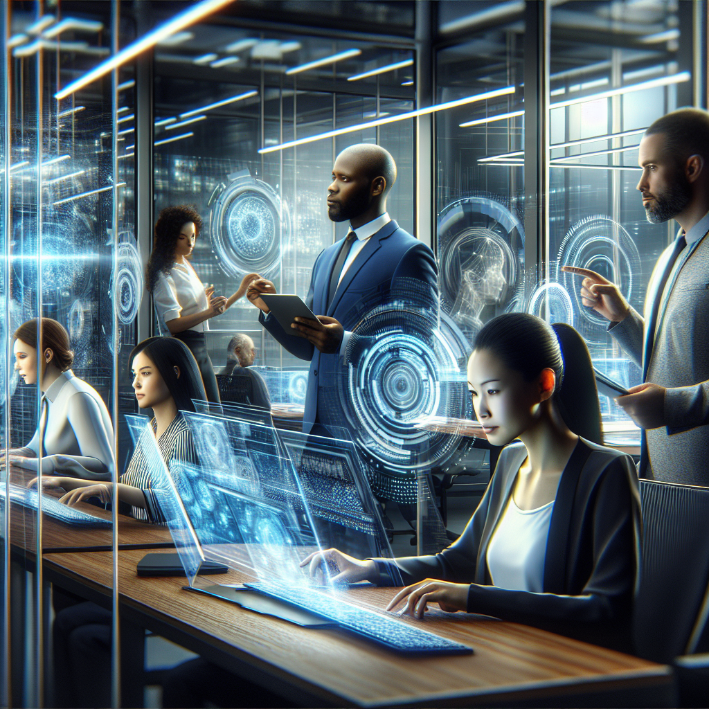 A futuristic office setting with professionals analyzing data on screens using AI technology