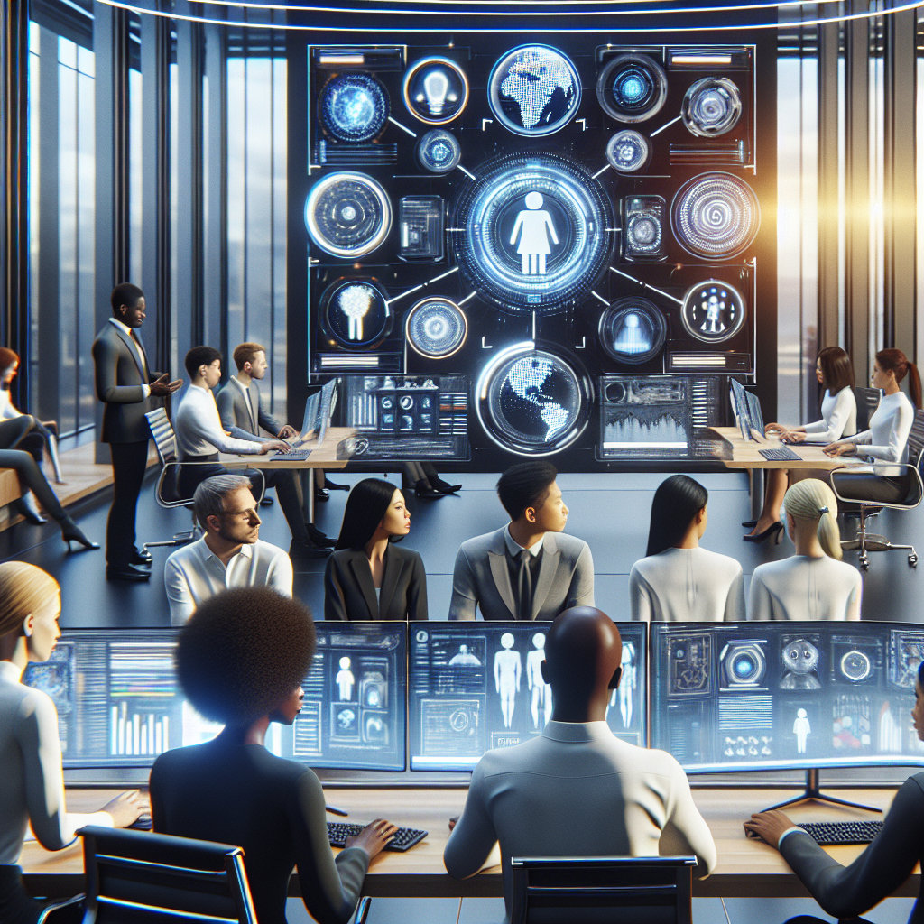 A futuristic office environment showcasing team collaboration using advanced AI tools for strategic planning