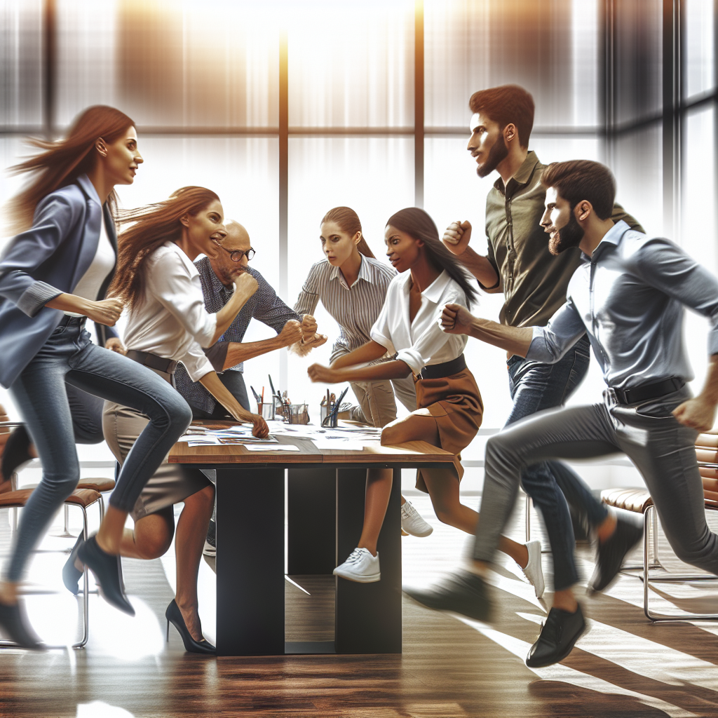 A diverse group of professionals engaged in a dynamic team-building exercise in an office setting, showcasing collaboration and innovation