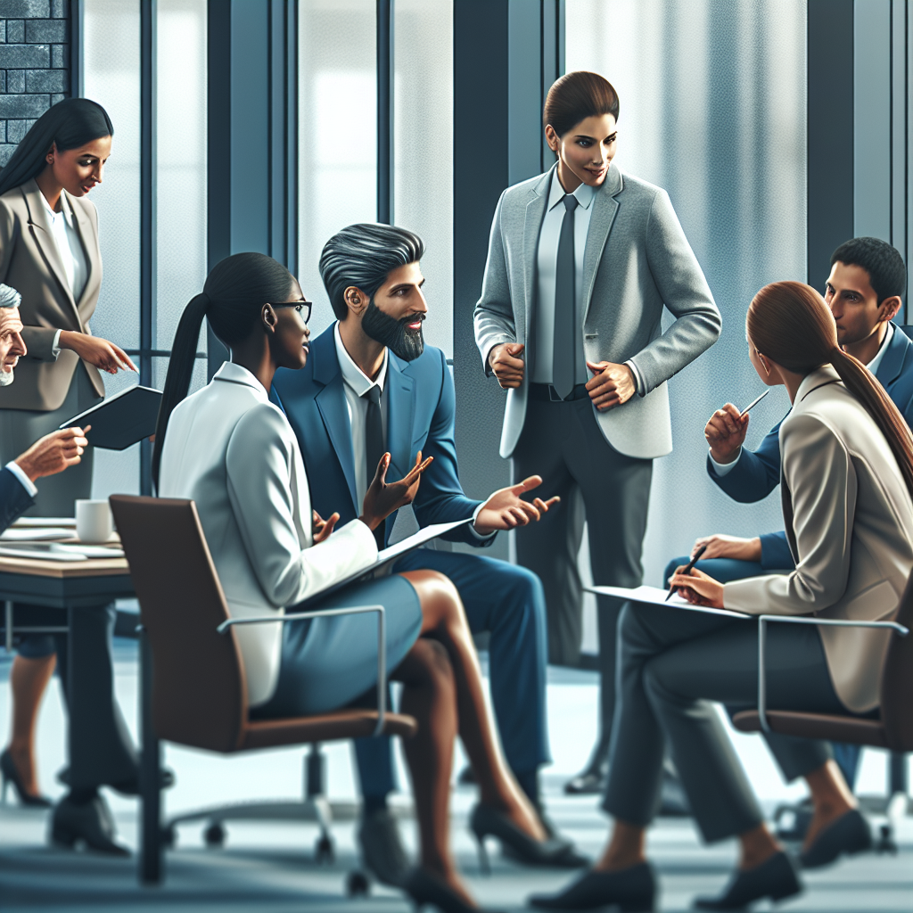 A dynamic corporate meeting with diverse executives engaged in a coaching session, showcasing teamwork and leadership development